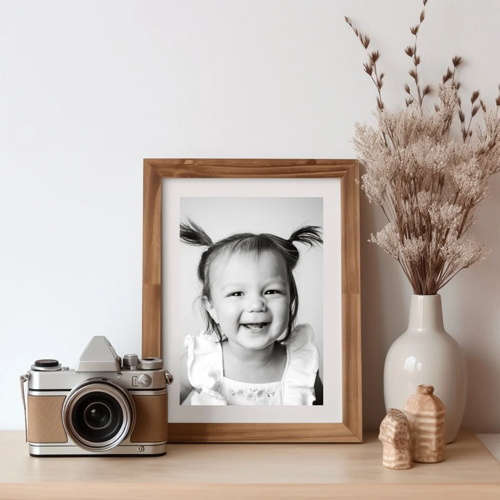 A black and white portrait of a smiling young girl with two pigtails in a wooden frame. Beside the frame to the left is a vintage camera and to the right is a white vase with dried flowers. Two small figurines are also on the wooden surface.