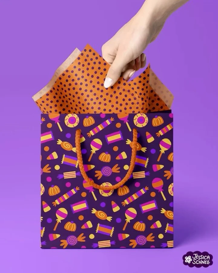 Some fun gift bag mockups featuring my Halloween candy pattern collection🛍️🎀

Wonderful mockup by @creatsyofficial 

#patterndesign #pattern #patterndesigner #surfacedesigner #surfacedesign #surfacepattern #surfacepatterndesign #surfacepatterndesig