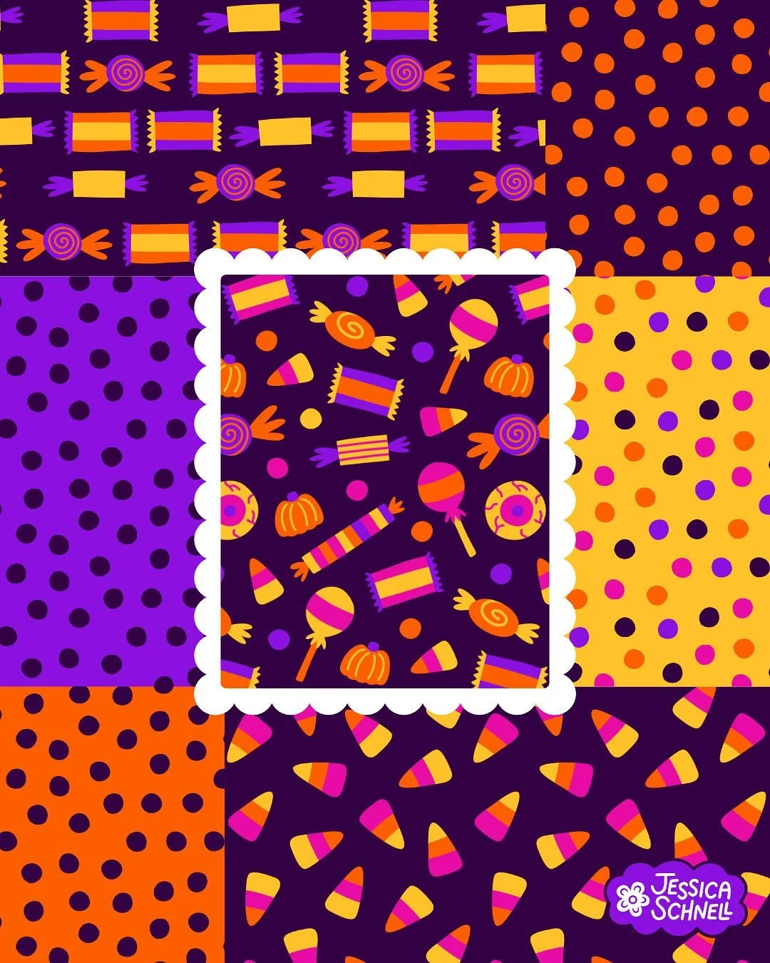 My mini pattern collection of Halloween goodies🍭🍬🍫🎃 I love working with this super vibrant color palette 🤩

Full collection is available on @spoonflower 

https://www.spoonflower.com/collections/1406896-halloween-candy-by-jessicaschnell 

#patte