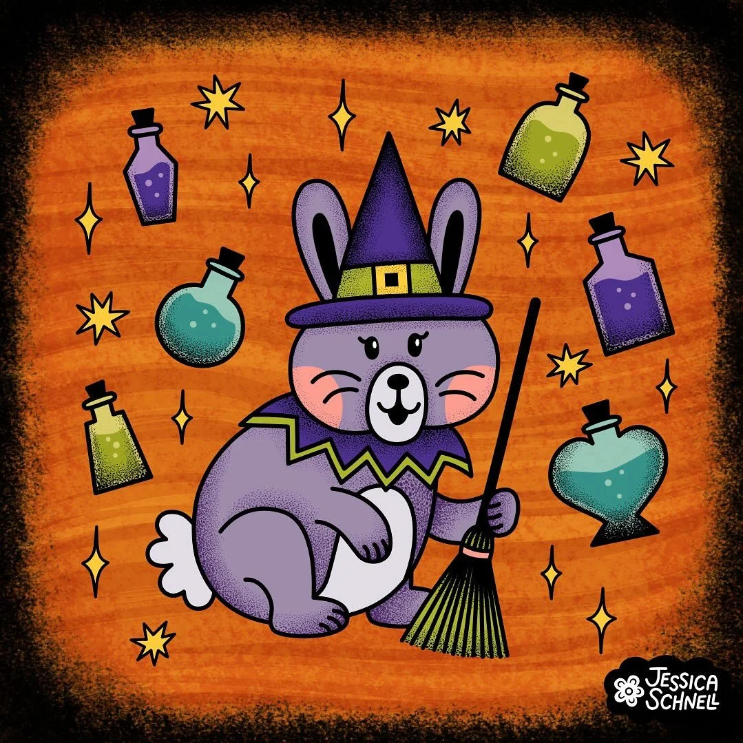 Bewitched bunnies 🐰💜🧹for #galoweenartchallenge2025 

I had a really fun time making these witchy bunnies!! I enjoyed playing around with some texture brushes since I typically stick to simpler flat illustrations. But adding the texture made the pi