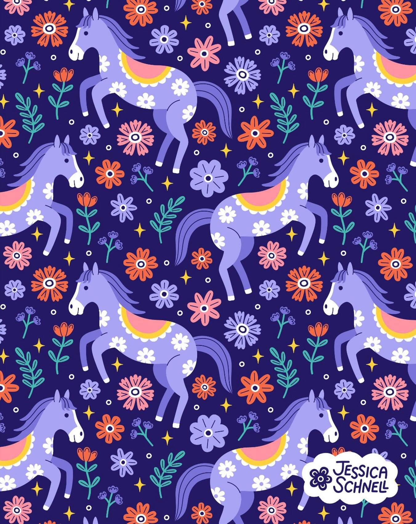 Working on the complex pattern for my mini collection this week (and struggling😅) so in the meantime, here is my hero illustration in pattern form!🐴🌸

#yearofthehorse #artlicensing #patterndesign #floralprint #whimsical

Horse pattern, horse illus