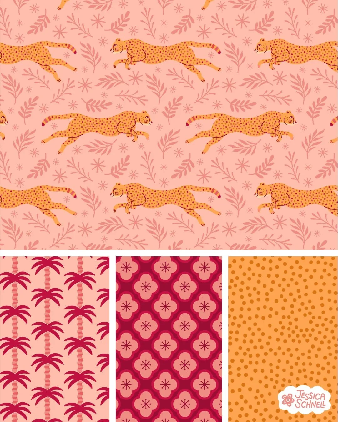 🐆🌴Part 2 of my jungle cats pattern collection

Art licensing, jungle cats, pink jungle, cheetah, palm trees, blender patterns, polka dots, surface pattern design, home decor, stationery design