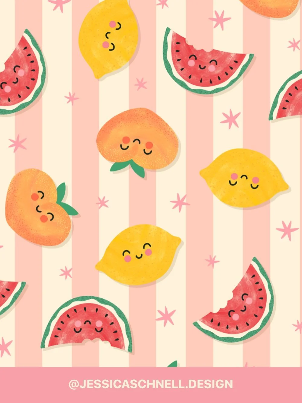 🍉🍋🍑How cute are these fruits?!😆 Earlier this year, I made some fruit themed greeting cards featuring these little guys. I couldn&rsquo;t wait to turn them into pattern form!

#surfacedesigntrendsclub #surfacepattern 

Art licensing, cute fruits, 