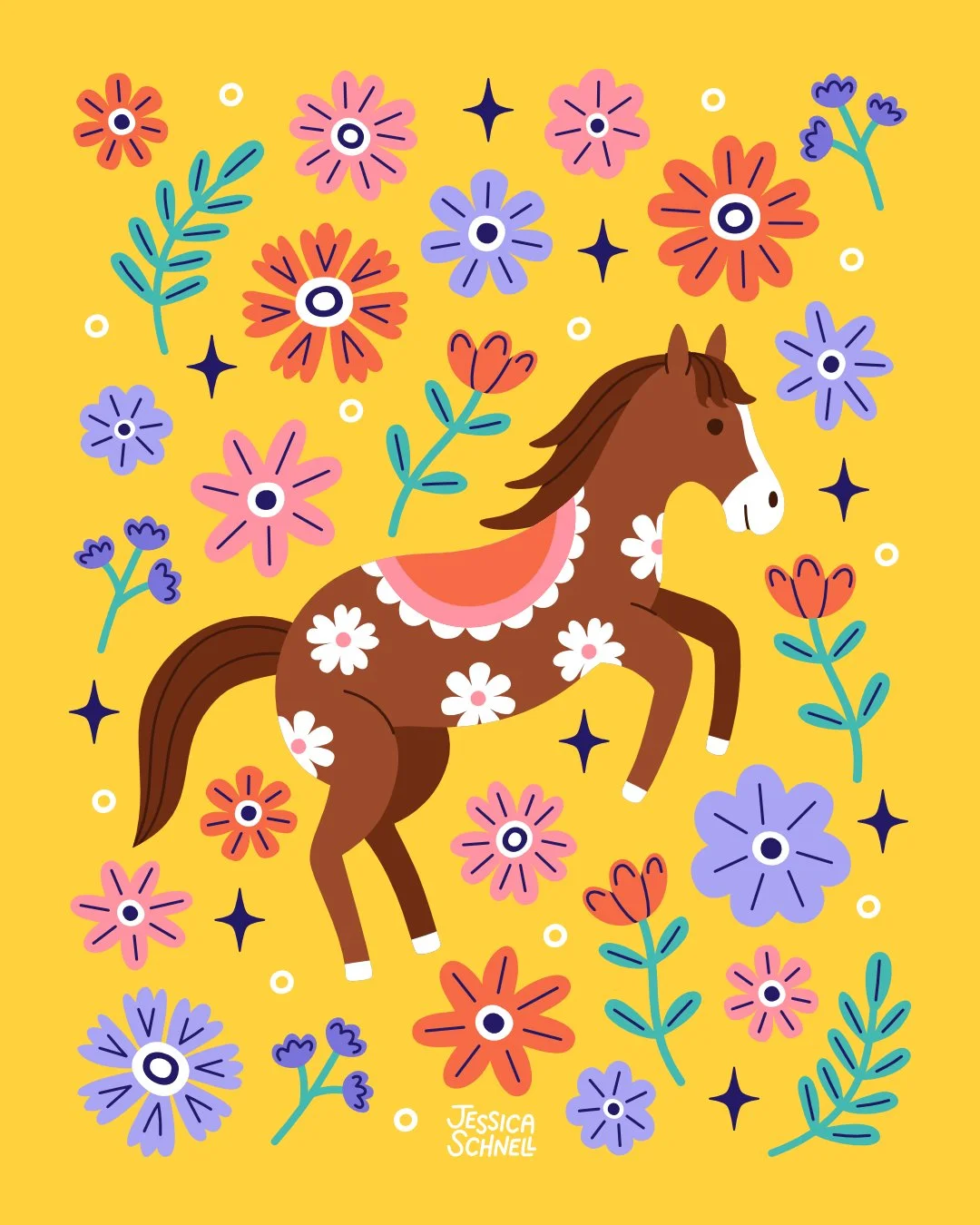 horse floral illustration - brown horse & yellow background insta.jpg