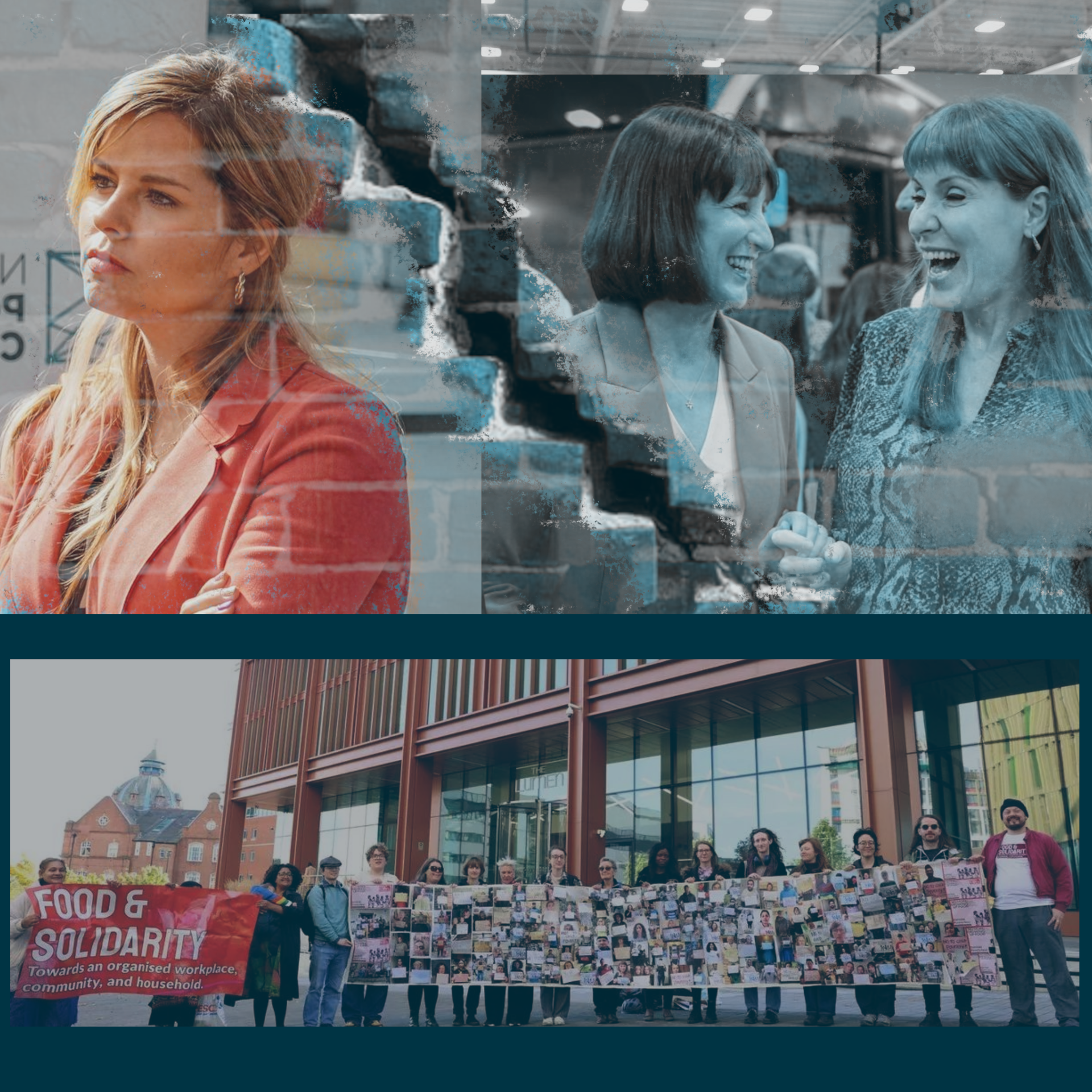 Kim McGuinness, Angela Rayner, and Rachel Reeves featured above Food & Solidarity members holding a photo petition outside a modern building. Campaign targets lifting the two-child benefit cap to fight poverty.
