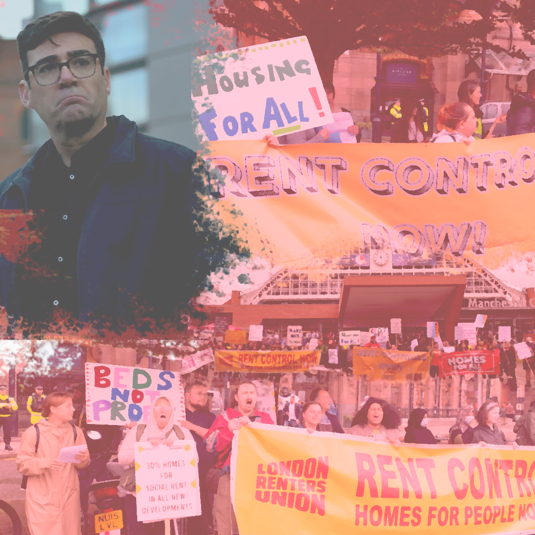 collage of andy burnham and the manchaester "homes for us" action.