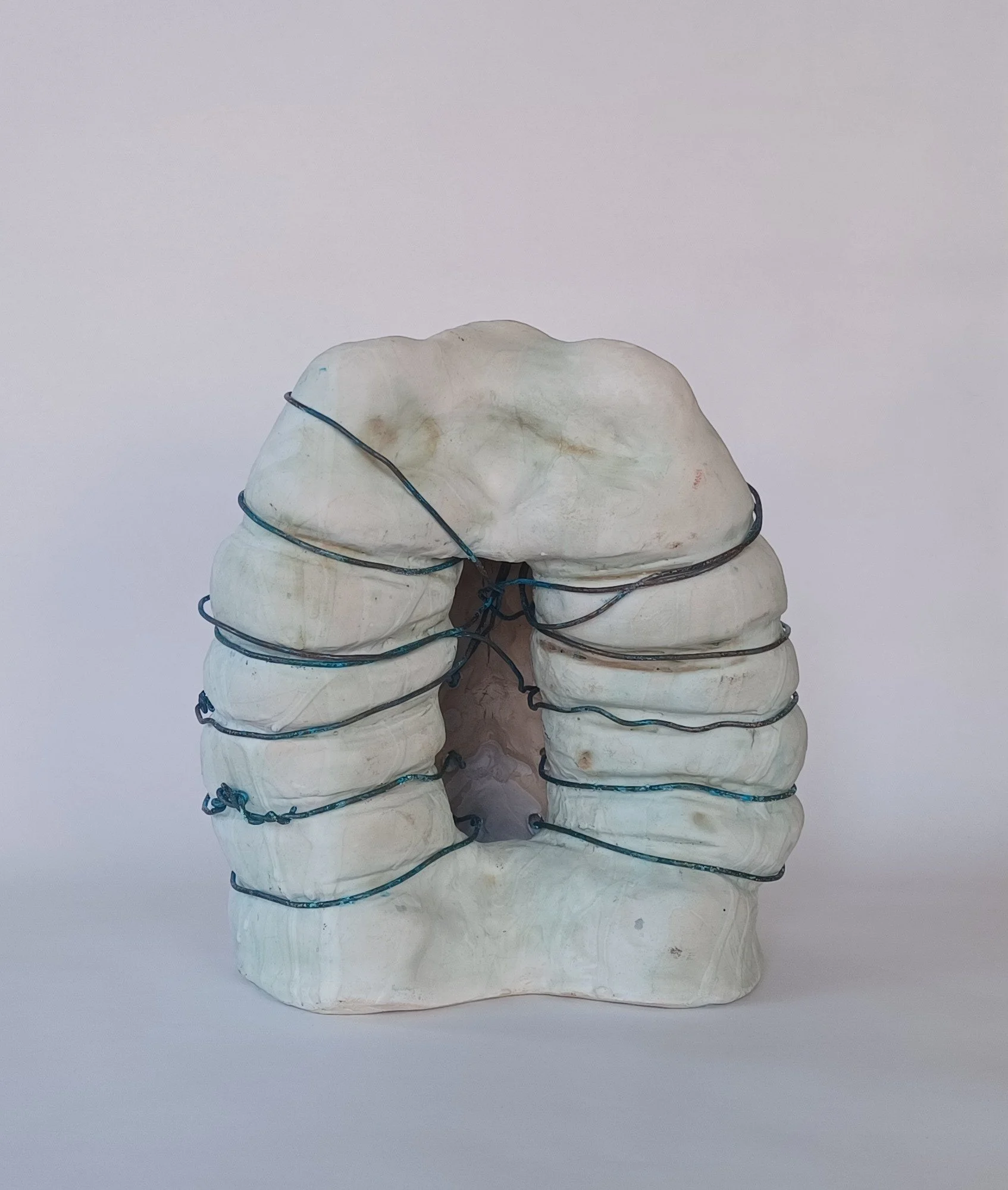 2025. Geno-ecocide 2. Porcelain with glaze and copper wire. 10 x 9 x 8.25 inch (25.4 x 22.86 x 21 cm)