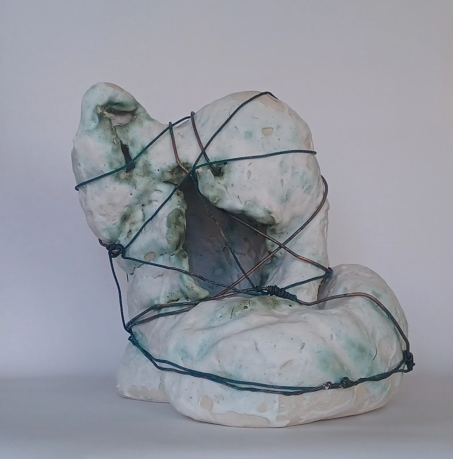 2026. Cain in the United States. Porcelain with glaze and copper wire. 12.5 x 13 x 13.5 Inch. (31.75 x 33.02 x 34.29 cm)