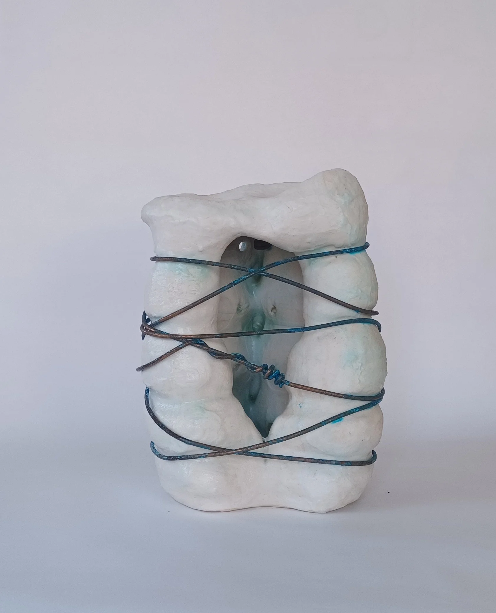 2026. Geno-ecocide 5. Porcelain with glaze and copper wire. 9.5 x 7.5 x 6.5 inch (24.13 x 19.05 x 16.51 cm)