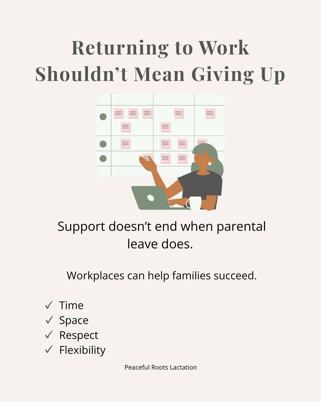 Returning to work is one of the biggest transitions lactating families face.

Supportive employers make a tremendous difference. 

A clean pumping space.
Protected break time. 
Understanding supervisors.

These aren't just conveniences, they help fam