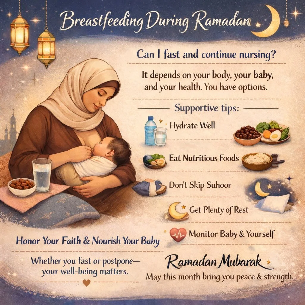 Breastfeeding During Ramadan 🤍🌙

Can I fast and continue nursing?

The answer is yes, it depends on your body, your baby and wellbeing. 

If you choose to fast while breastfeeding, here are some supportive tips:

✨ Hydrate generously (water, coconu
