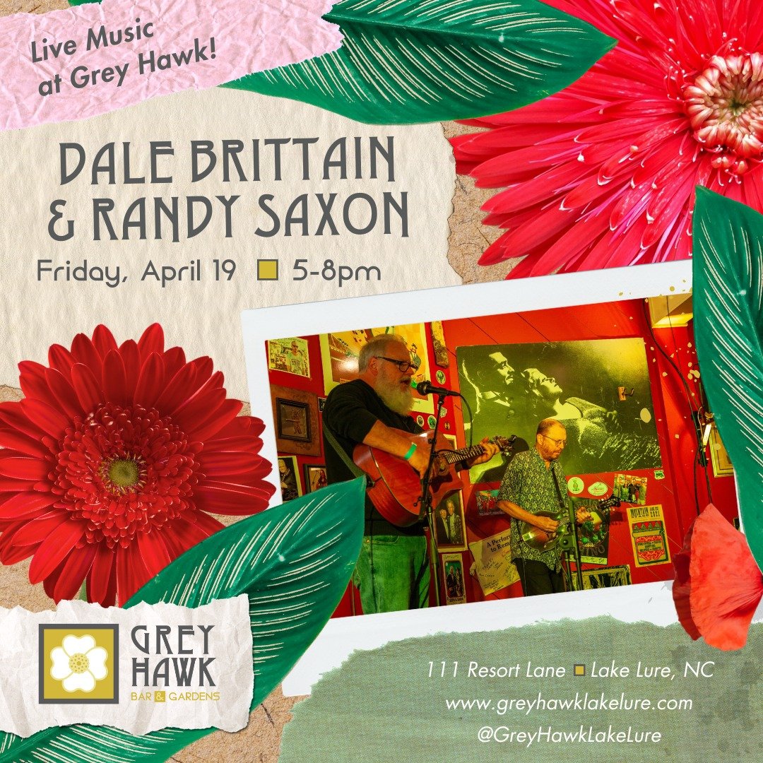 Tonight at 5! Come listen to the musical stylings of Dale Brittain and Randy Saxon while enjoying some delicious cocktails, wine, beer, dinner, and snacks, all in the most tranquil oasis in Lake Lure. See you all weekend long &ndash; we're open Frida