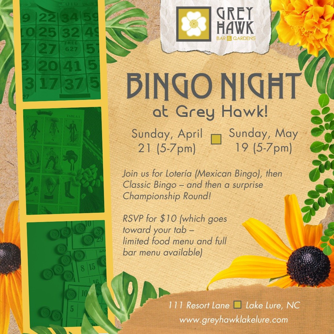 We've had a few cancellations &ndash; so there's still time to sign up for BINGO NIGHT tonight at 5 (or get a jump-start on your May plans! We'll have some food specials, drink specials, and a whole night of bingo. Sign up here: www.greyhawklakelure.