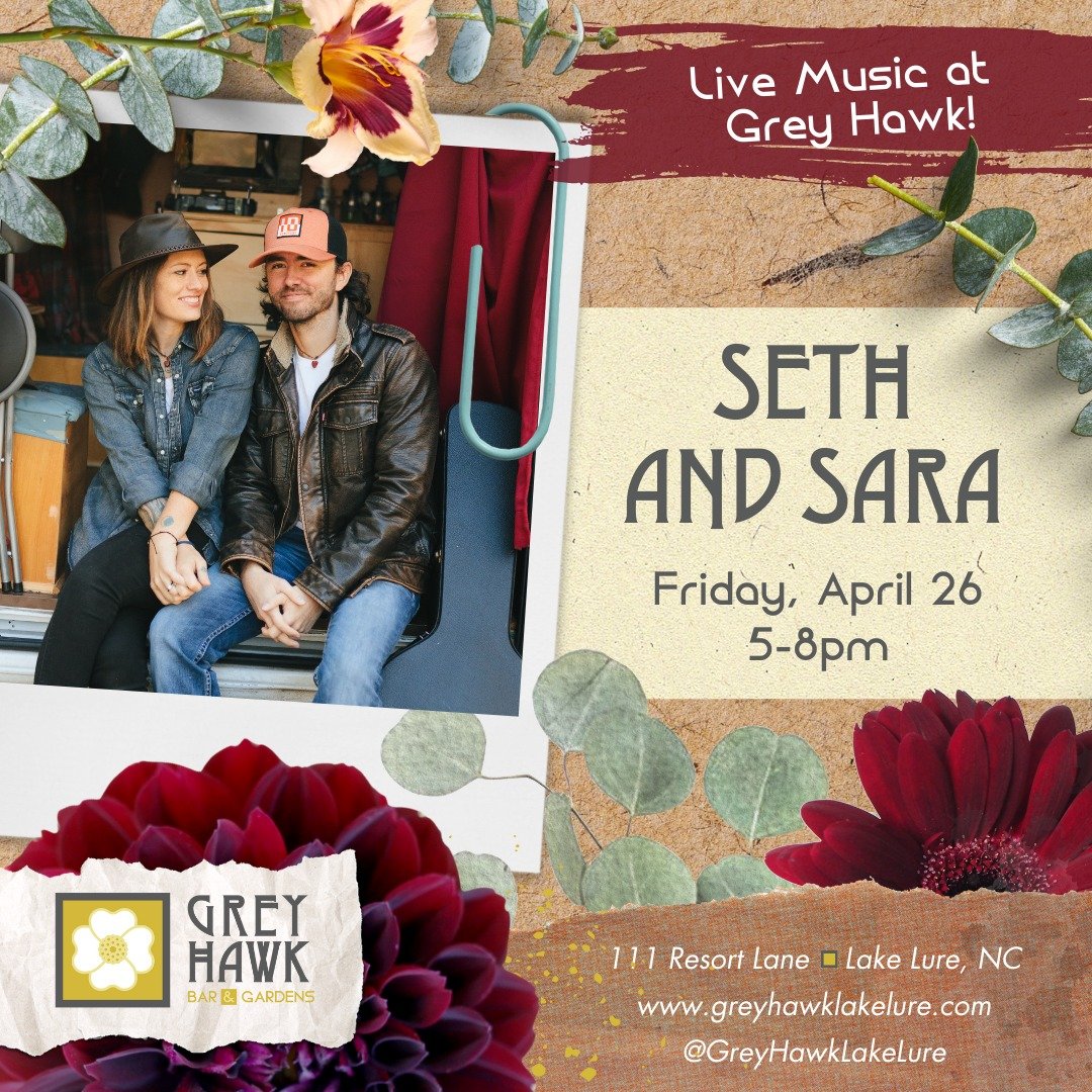 Tonight! We know it's a little gloomy out but we think rain should clear by tonight for a beautiful performance from @sethandsara, making their Grey Hawk debut! Come for their musical stylings and some tasty cocktails, food, and more at 5pm tonight (