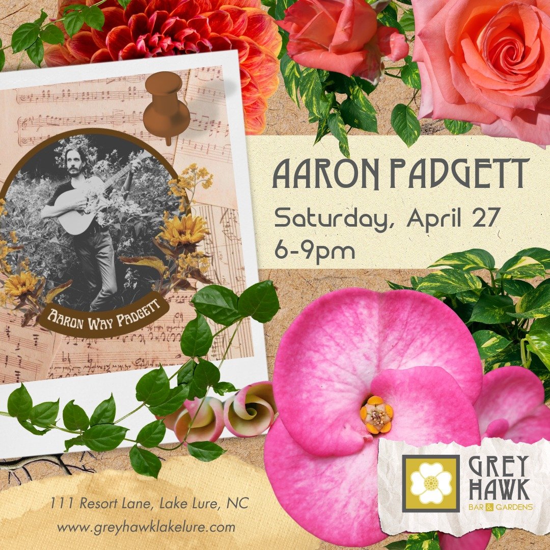 Tonight! Please join us for some lovely music from Aaron Padgett &ndash; plus some lovely weather, food, and drinks! We are open until 9, and Aaron will grace the stage 5-8. See you then. #LakeLureLocal #LakeLureNC #ChimneyRockVillage #ChimneyRockNC 