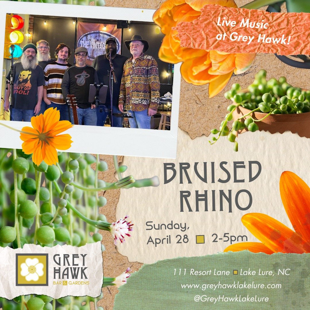 Today! Come out for a beautiful afternoon at Grey Hawk Bar &amp; Gardens and listen to some awesome music from Bruised Rhino! See you there, 2:00-5:00pm (open 11am-7pm)! #LakeLureLocal #LakeLureNC #LakeLure #WNCMusic #WNC #LakeLureMusic #ChimneyRock 