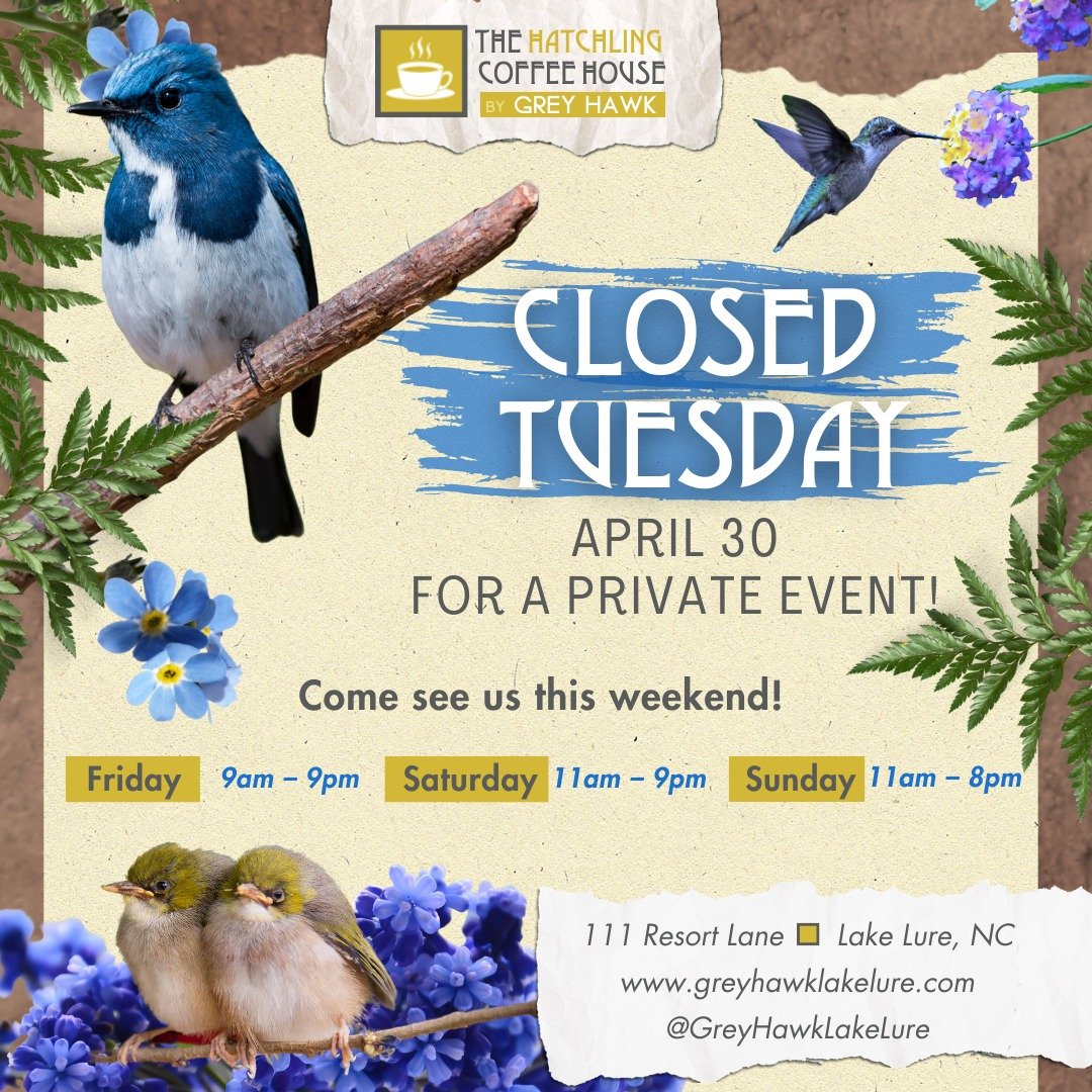 Just a heads up that The Hatchling Coffee House by Grey Hawk is closed today for a private event! But we'd love to see you this weekend! Join us all weekend long, Friday (9am-9pm), Saturday (11am-9pm) and Sunday (11am-7pm)!