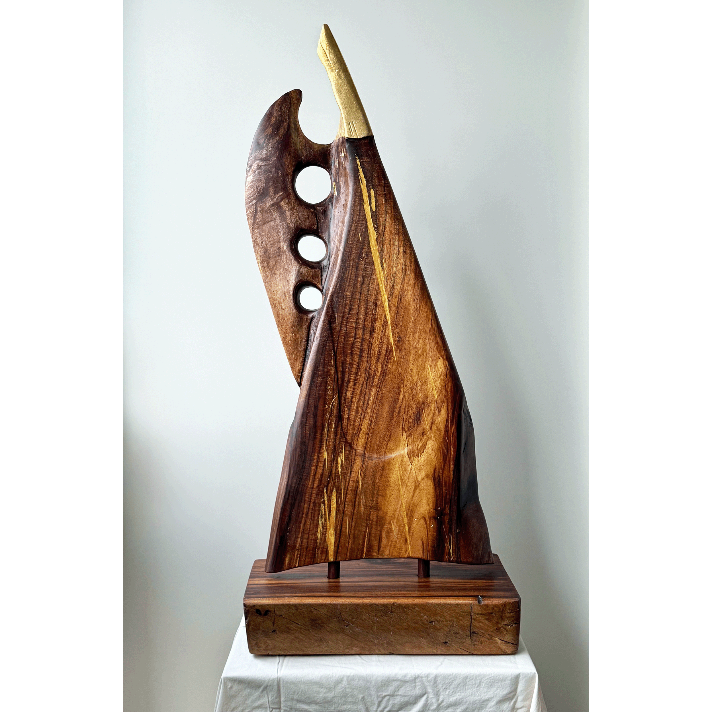  Voyager,  42"h x 18"w x 10"d, Koa with gold leaf, 2024-25. 