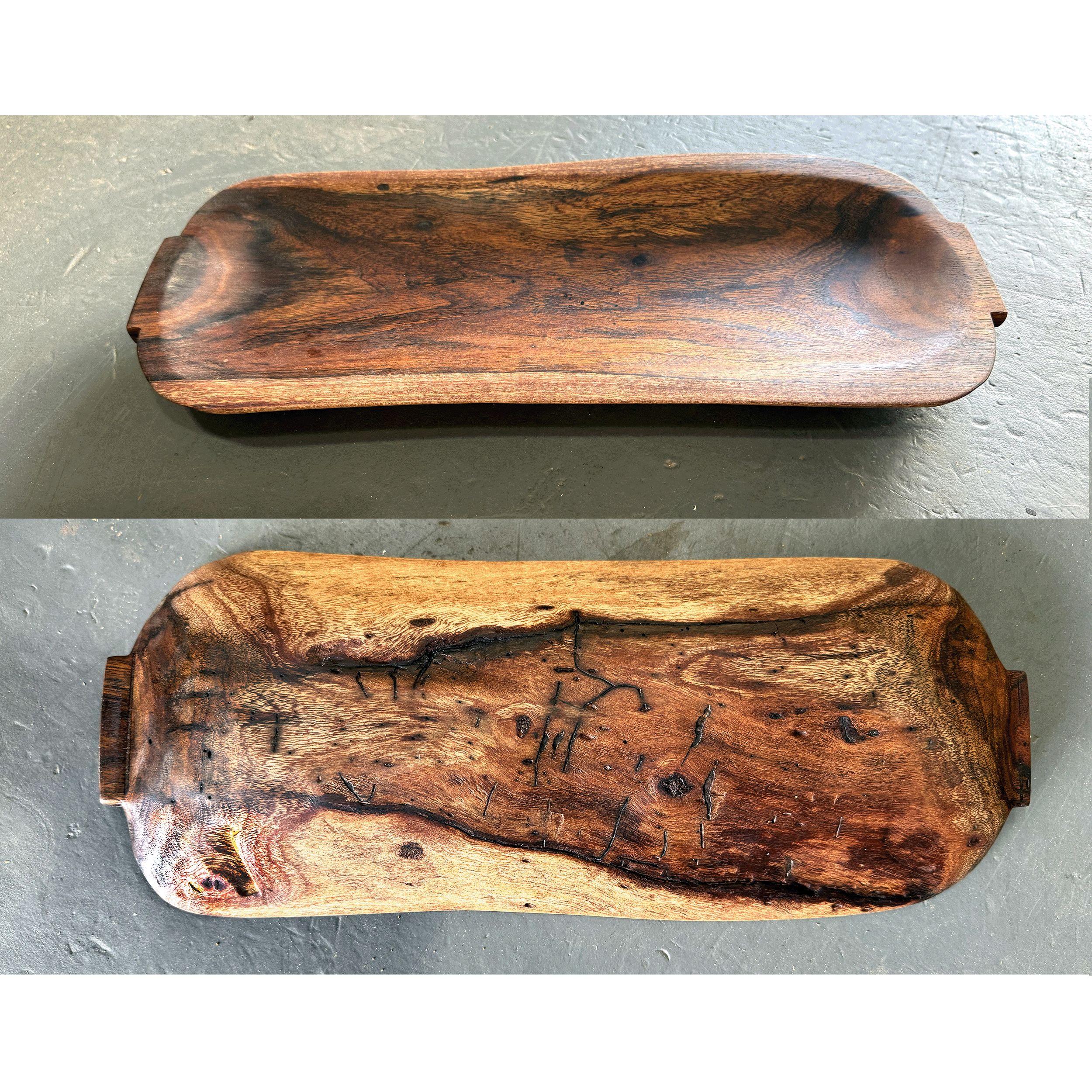 Koa wood dough bowl, 6"w, 18"l x 1 3/4"deep, 2024. Finished with non-toxic oil and beeswax. Carved from a curved outer slab of Koa. The bottom retains the trails and marks left by insects and forest curing maintaining the history of the wood.