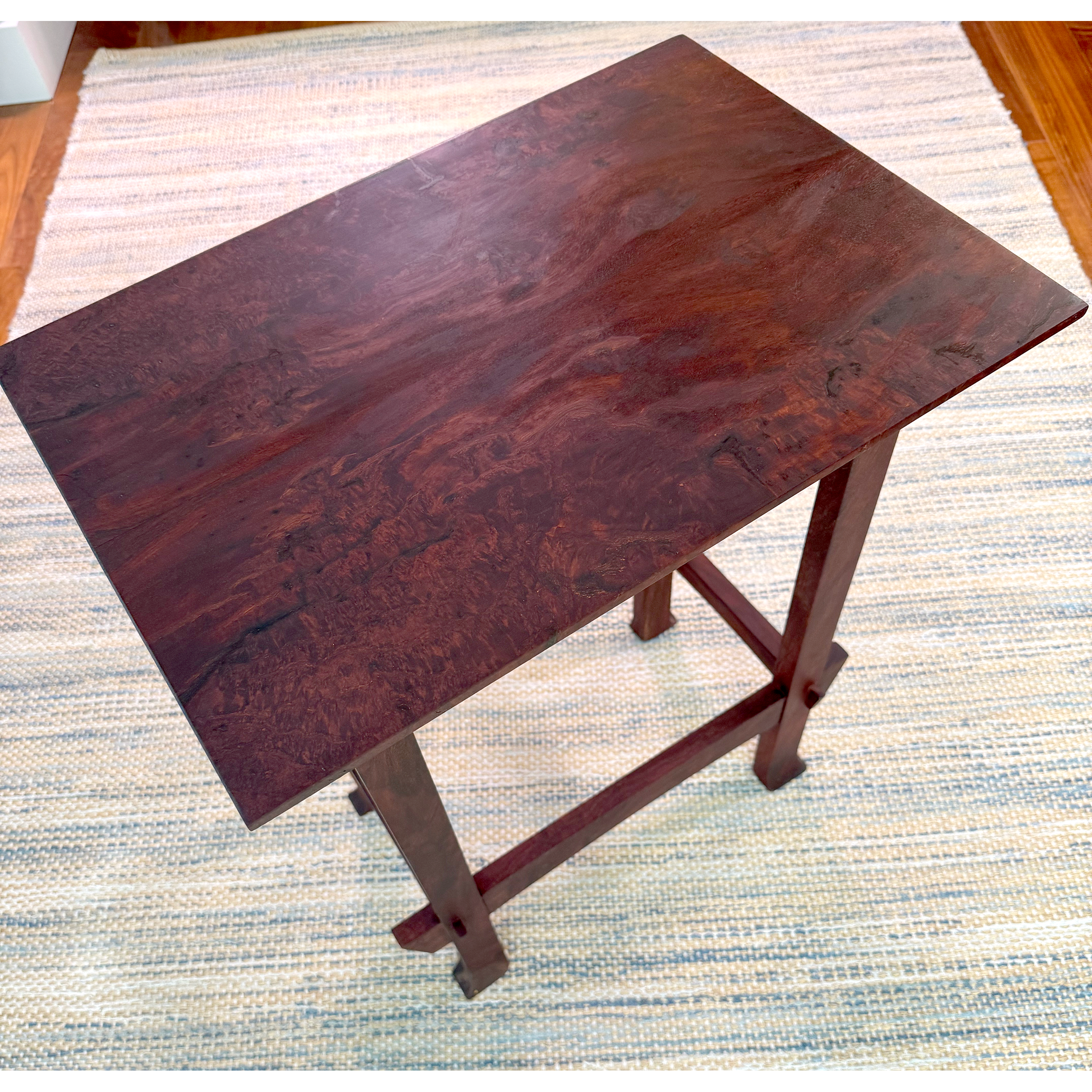 Longan End Table, 14"w x 20"l x 24"h, 2025. Designed in a modified Japanese style and made of Longan (a cousin of Lychee) wood. The top is book matched.