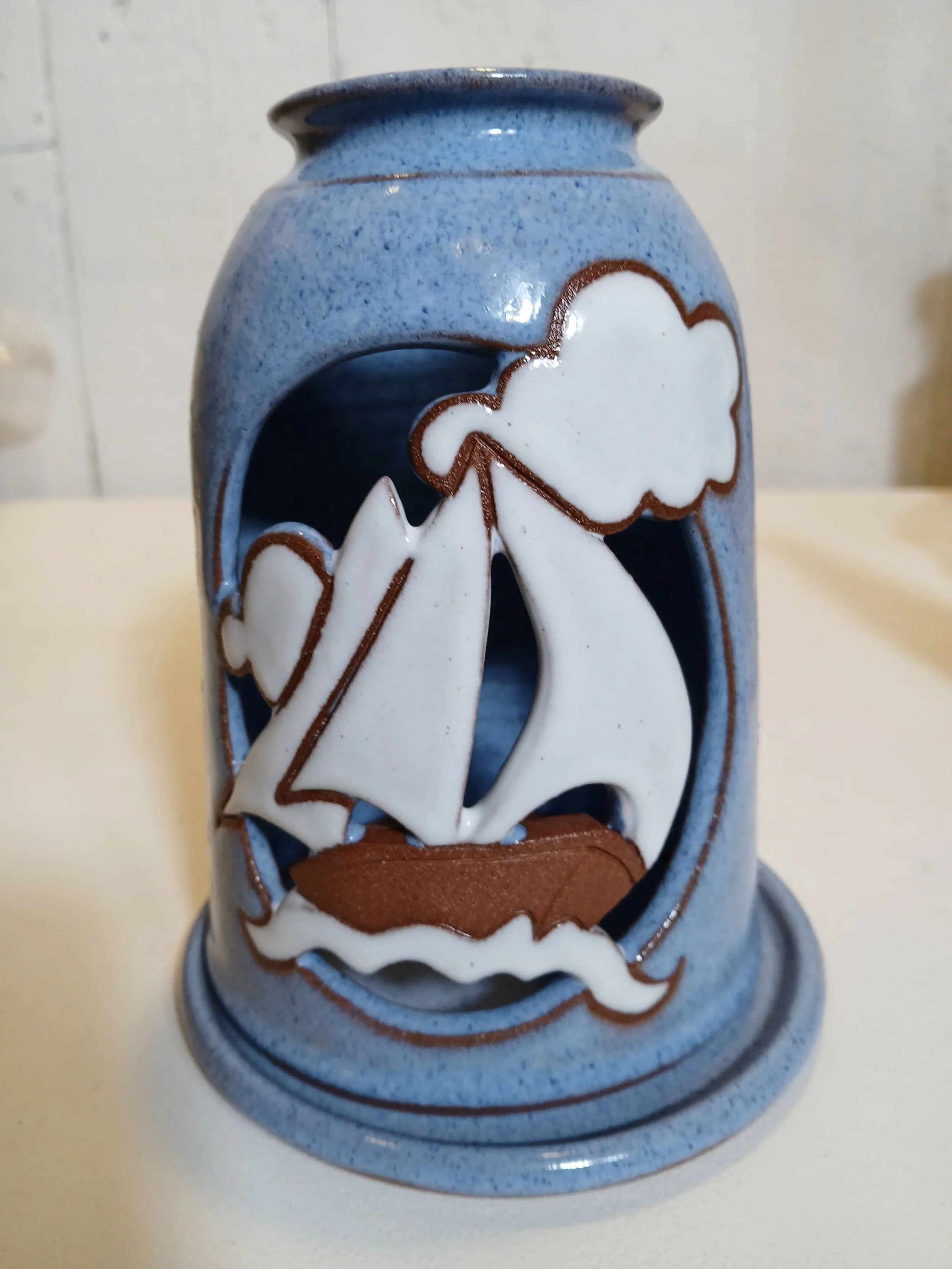 Signed Hand Made Pottery Sailboat Candle Holder