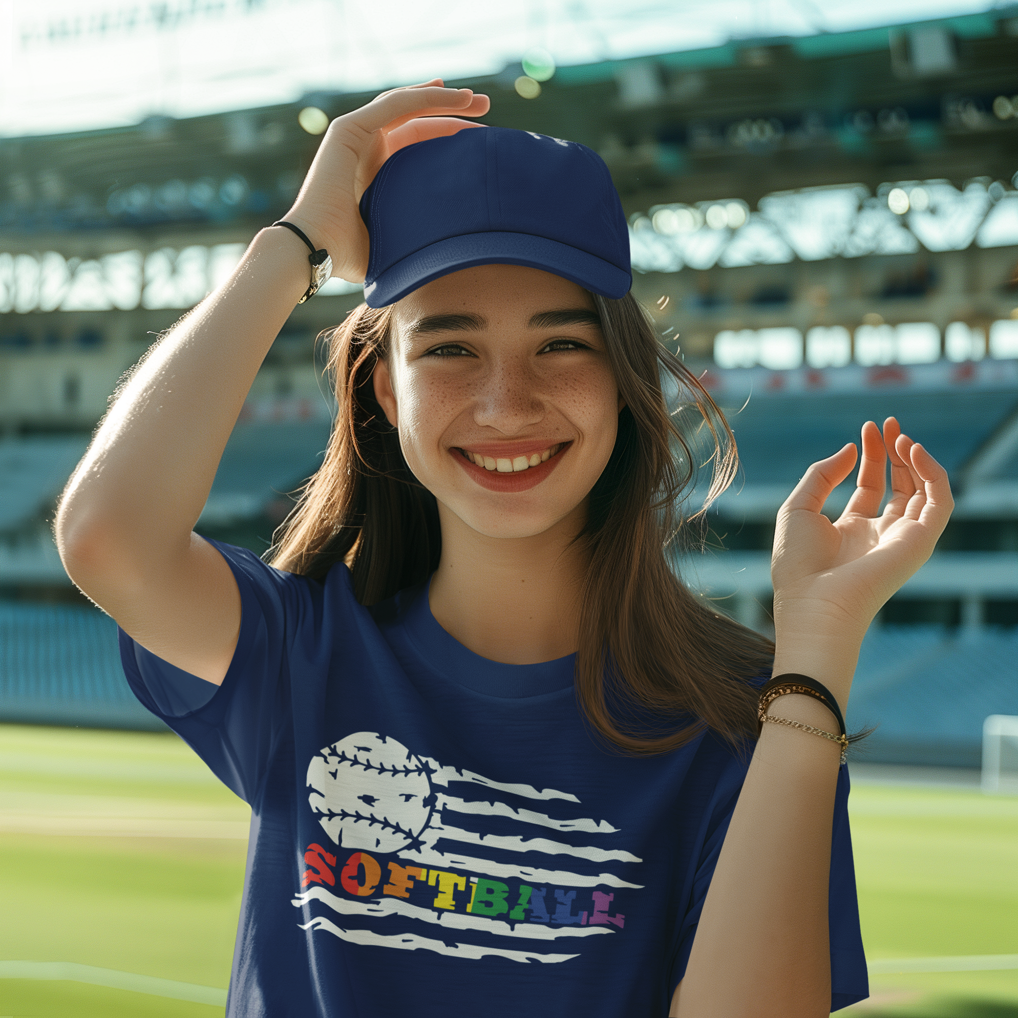 t-shirt-and-dad-hat-mockup-of-an-ai-created-teenage-girl-in-a-baseball-stadium-posing-with-a-happy-face-m38379.png
