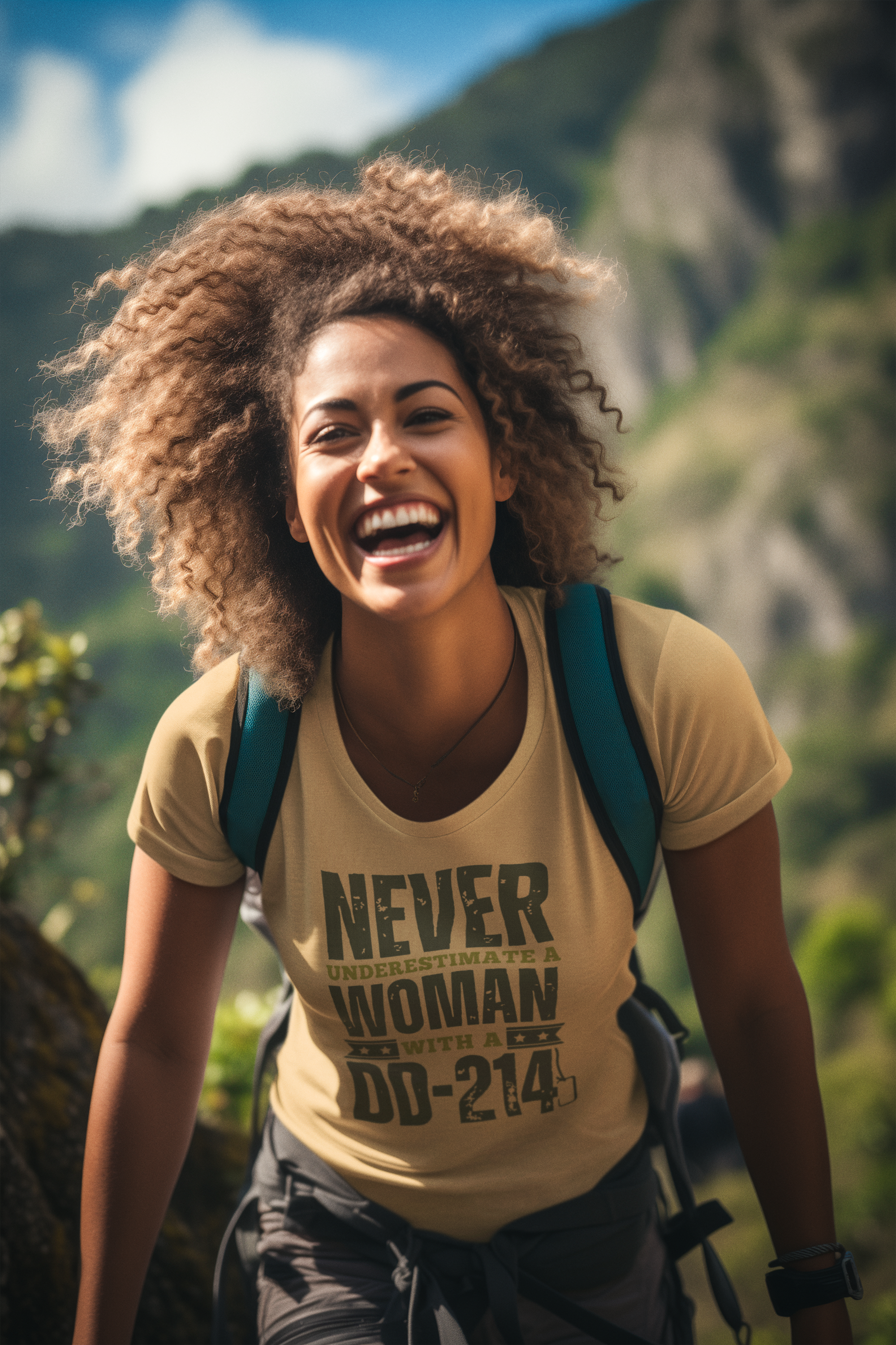 ai-generated-mockup-of-a-curly-haired-woman-wearing-a-round-neck-tee-at-a-hike-m37778.png