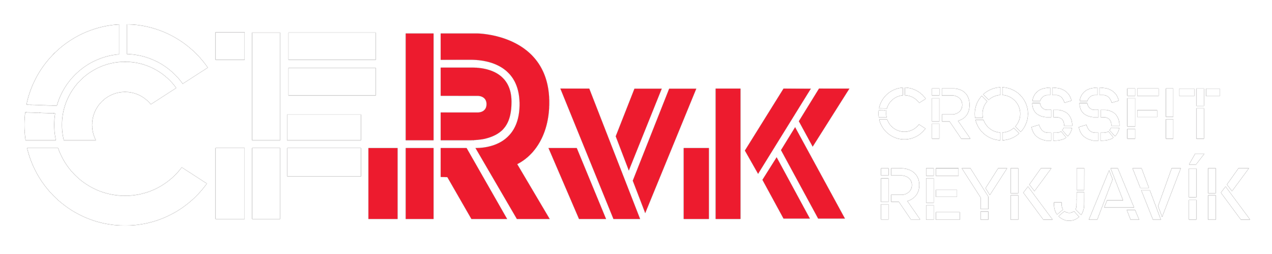 Crossfit Reykjavik logo with black background, featuring text in white, black, and red, with stylized letters.