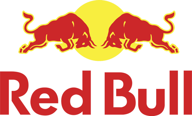 Red Bull logo with two red bulls facing each other in front of a yellow circle, and the words 'Red Bull' in bold red letters underneath.