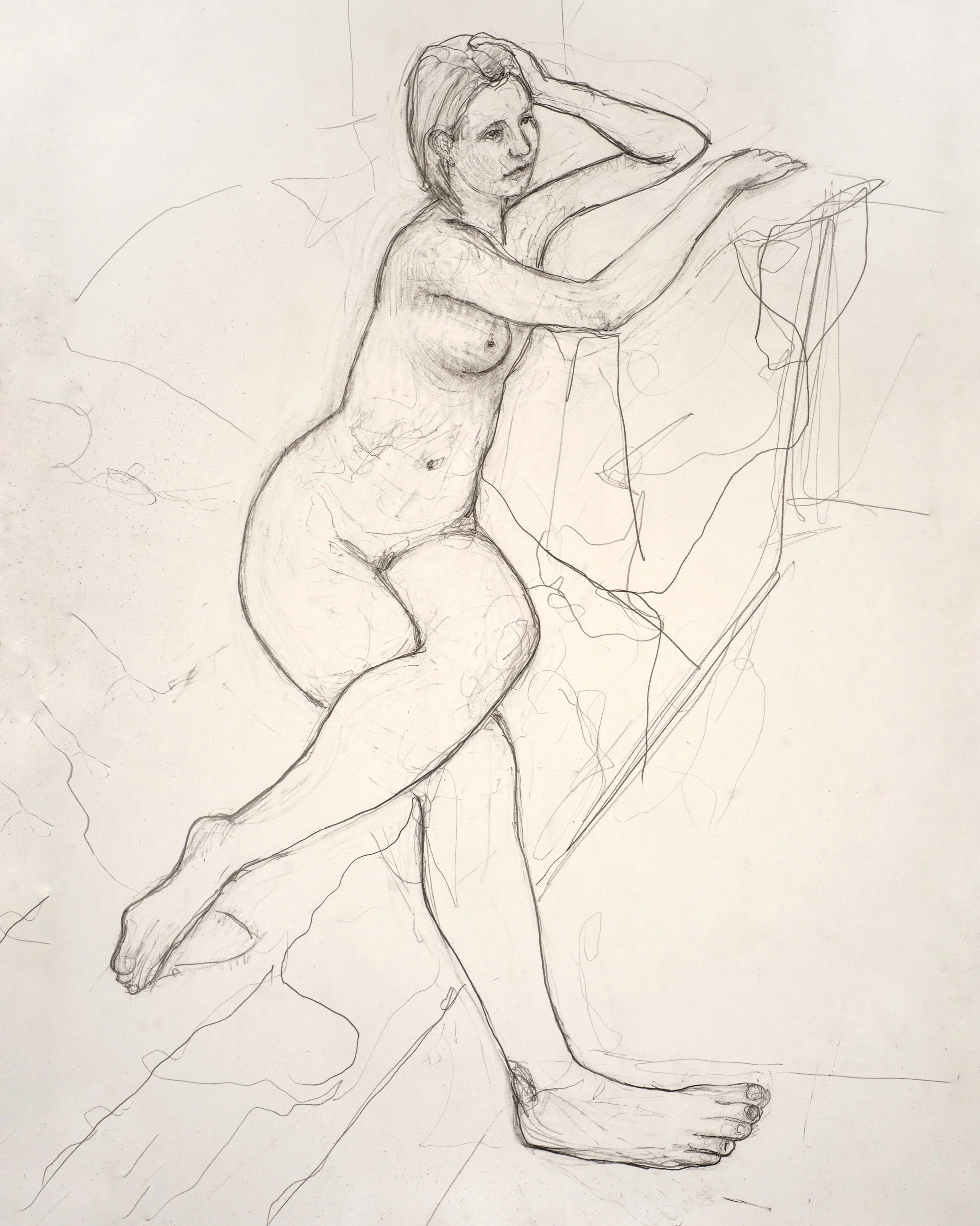 Pencil drawing of a nude woman sitting on sofa, rendered in contour line with foreshortened leg extended toward the viewer.