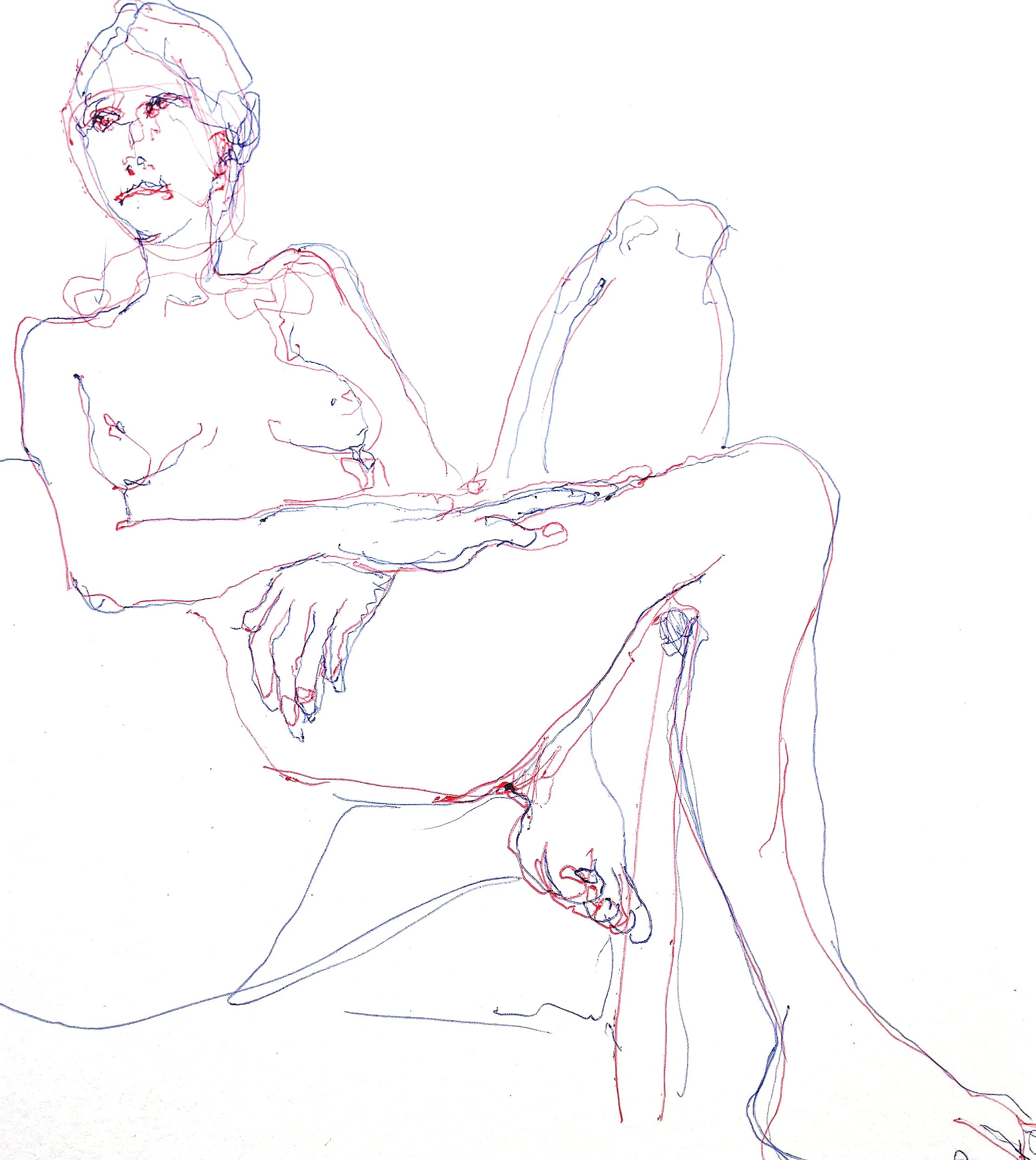 pen drawing of seated nude figure drawing, 