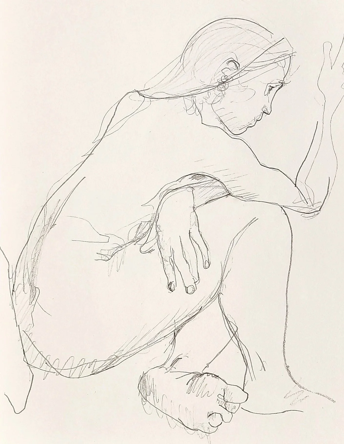 A3, ≈40min 
Pencil drawing of a nude figure sitting to the side with her knees up. 