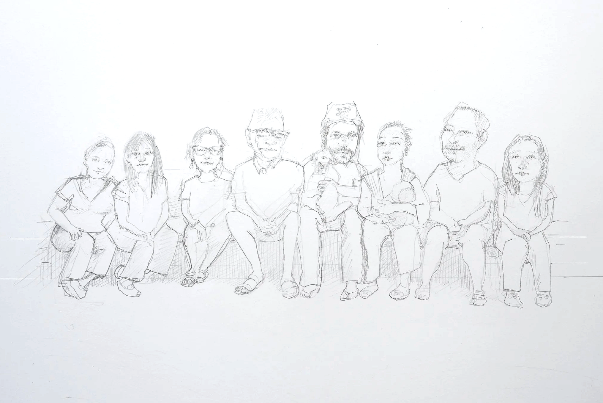 60cm x 42cm, took 2-3  hours (8 separate portraits, plus dog)