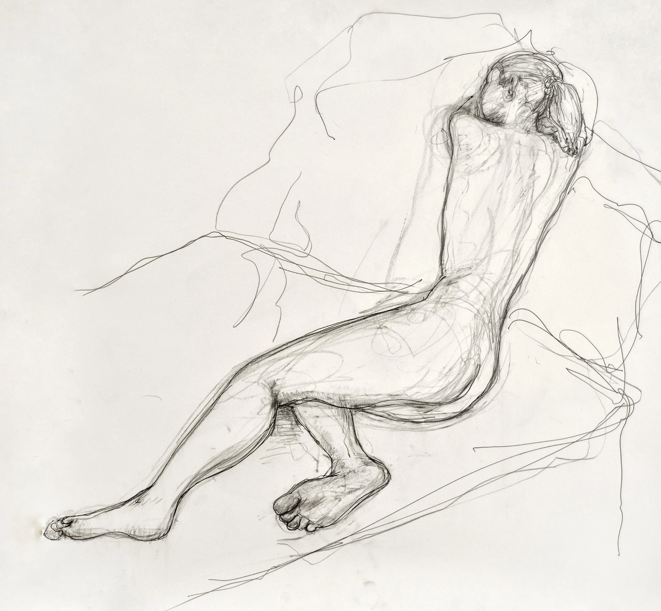 Pencil drawing of a laying nude figure on bed, 