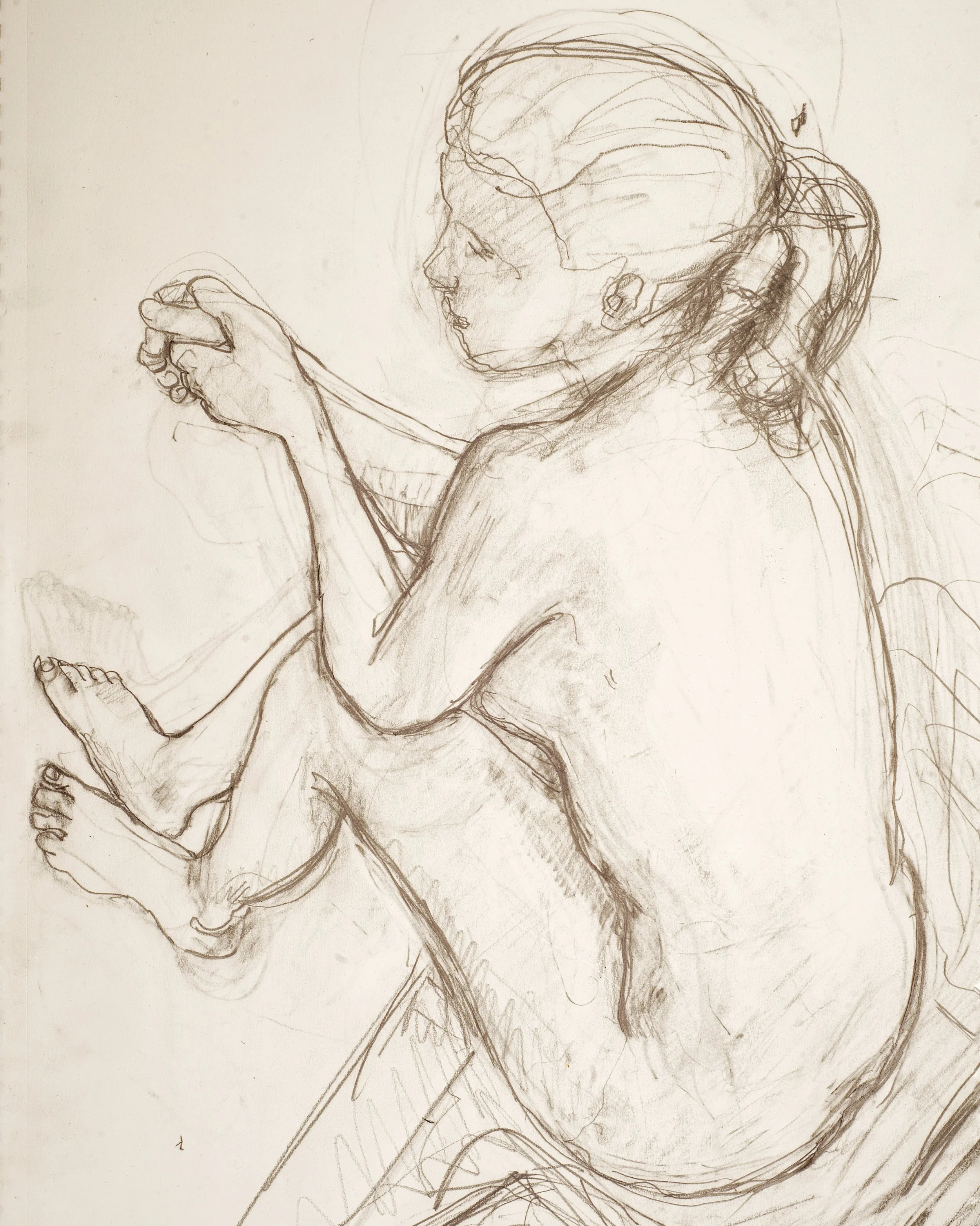 Pencil drawing of a nude woman sitting facing lower than the viewer and 3/4 away, leaning forward with her elbows on her knees