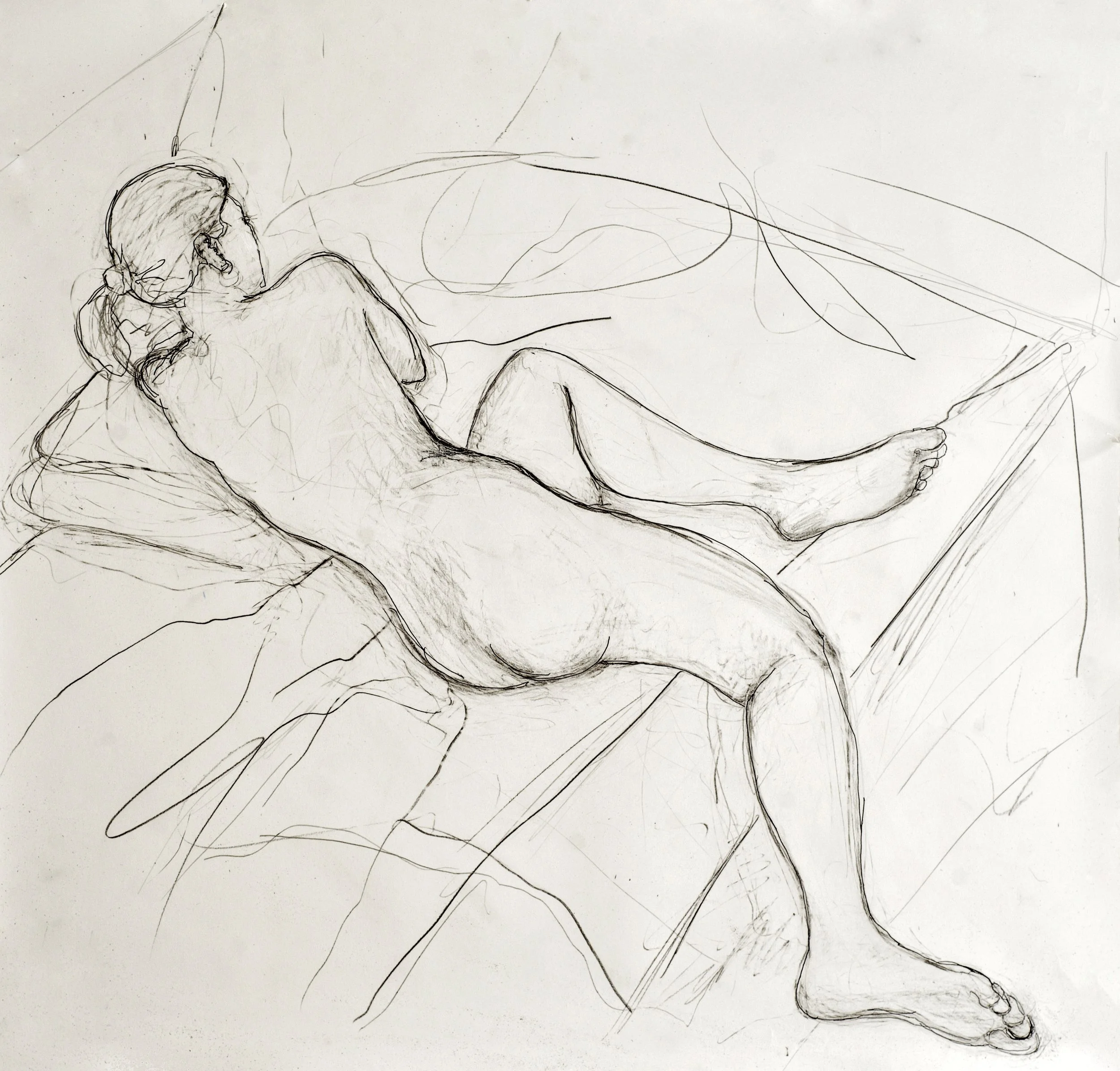 Pencil drawing of a laying nude figure on bed