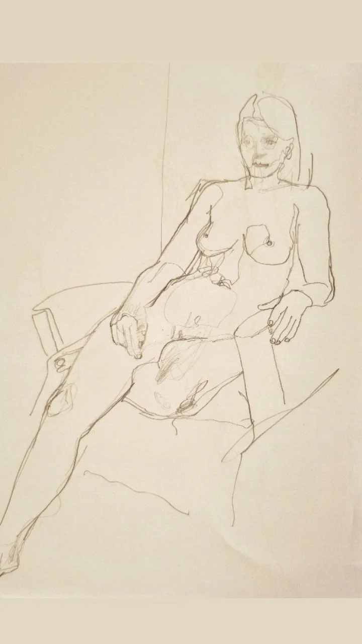Pencil drawing of a seated nude figure 