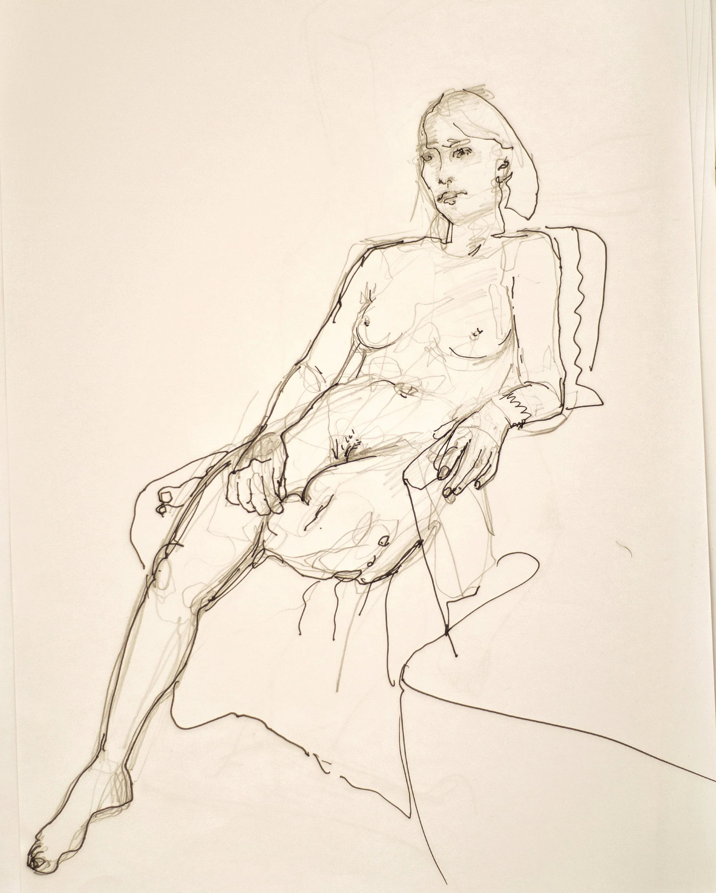 Pencil drawing of a seated nude figure 