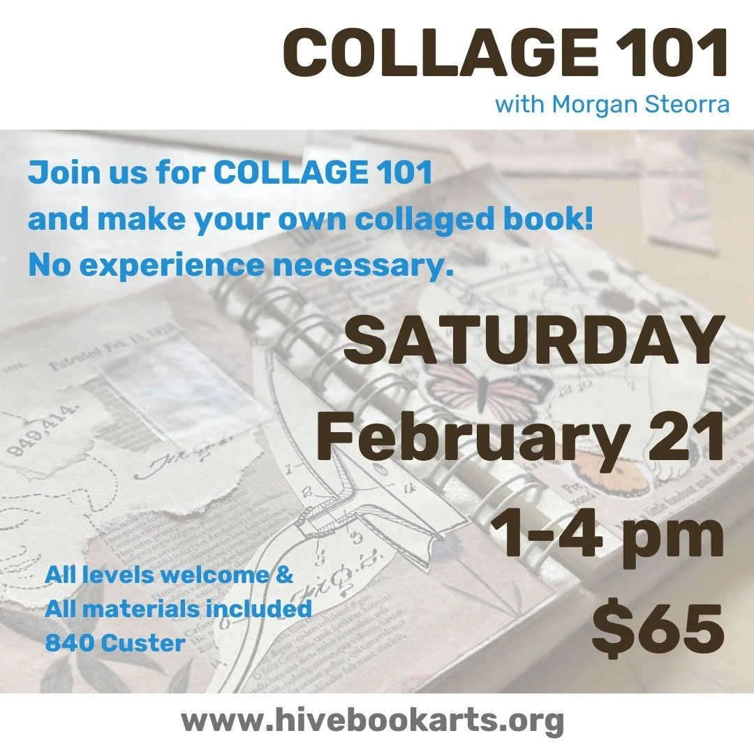 Hey!

So, there are a couple more seats at the messy collage table on Saturday, February 21! 

Come take one of our little blank books and make all kinds of collaged bits (learning new techniques!), starting your own lovely little artist's book!

Hea