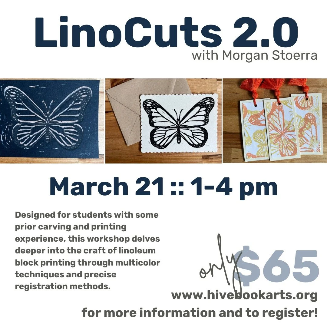 Hey, Hive friends!
There's still one spot left for Saturday's LinoCuts 2.0 workshop with Hive Teaching Artist Morgan Steorra! 

You'll dive deeper into linoleum block printing during this three hour session of awesomeness!

Jump over to our website (