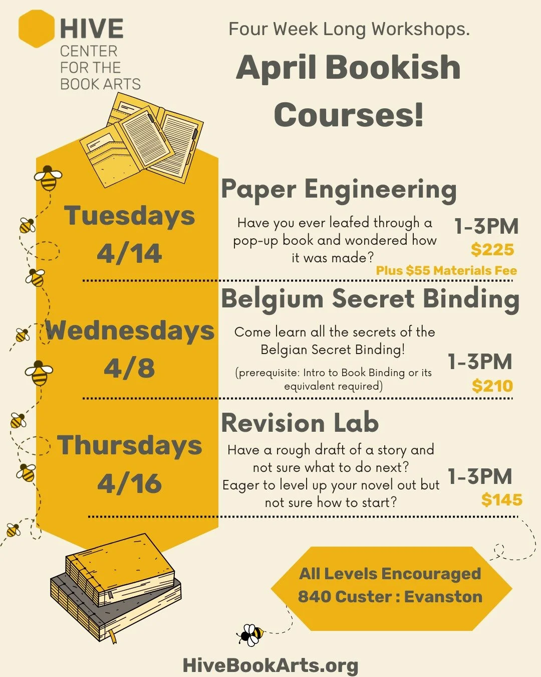 Hey there, Hive friends!

As March comes to an end this week, we are eager to welcome April! Join Hive in these four week workshops.

Grab your seat in one (or all!) of these courses by heading over to our website (link in bio), workshops+more tab, t