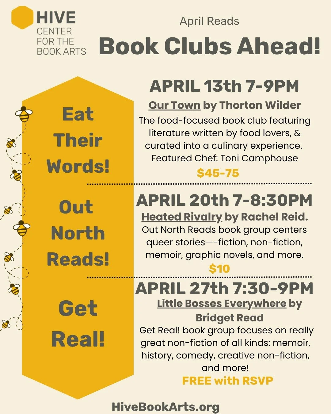 We read on Mondays! Join us at Hive on the following Mondays to experience our wonderful book club groups! 

This time next week the talented Toni Camphouse will be preparing something to wow us at Eat Their Words. For April, we're reading (and eatin