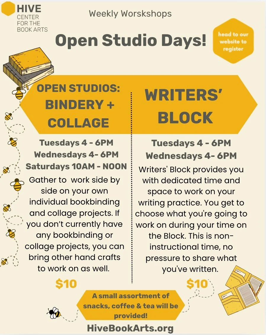 Come on in during our Open Studio days! Registration can be found on our website, reserve your spot in our cozy space. 

Sessions are running February 3-April 29, stay tuned for the next run of sessions. 

Your payment upon registration indicates you