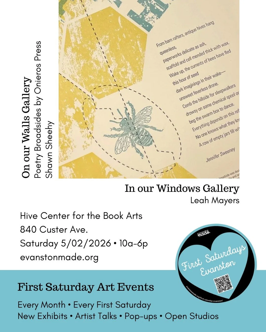 Hey there, Hive friends!

We are delighted to switch out our <walls> gallery part of our windows+walls, just in time for First Saturday Evanston!

For the next month or so, our walls will be filled with gorgeous poetry broadsides designed and l