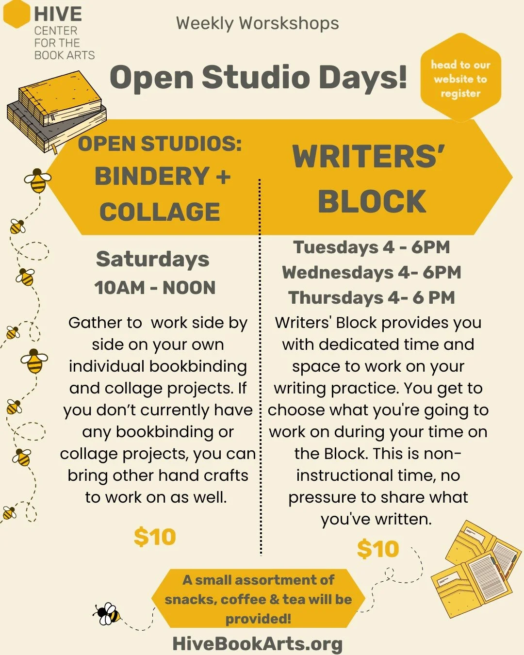 Happy Friday Hive Friends!

Come on in during our Open Studio days! Summer brings us so much inspiration for our craft and we would love to see how you're projects are moving each week. Registration can be found on our website, reserve your spot in o