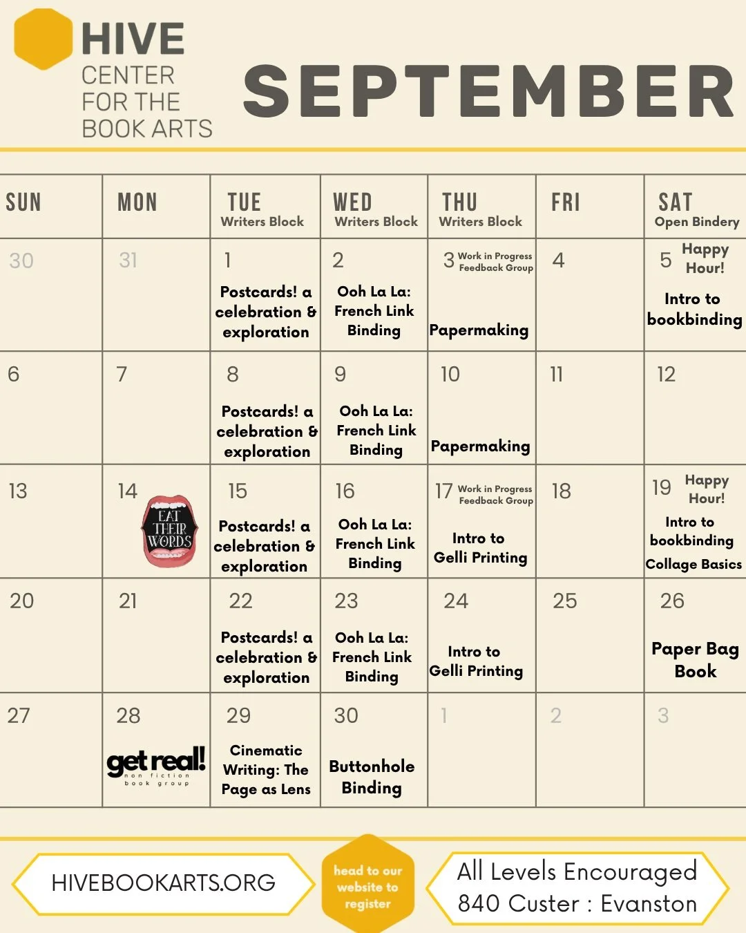 Good Afternoon Hive Friends! 

We are so excited for the next month of workshops, book clubs, and more! Summer is not over yet, so join us in some more fun activities before fall blows in. 

Including three paper making workshops, which allow us to s