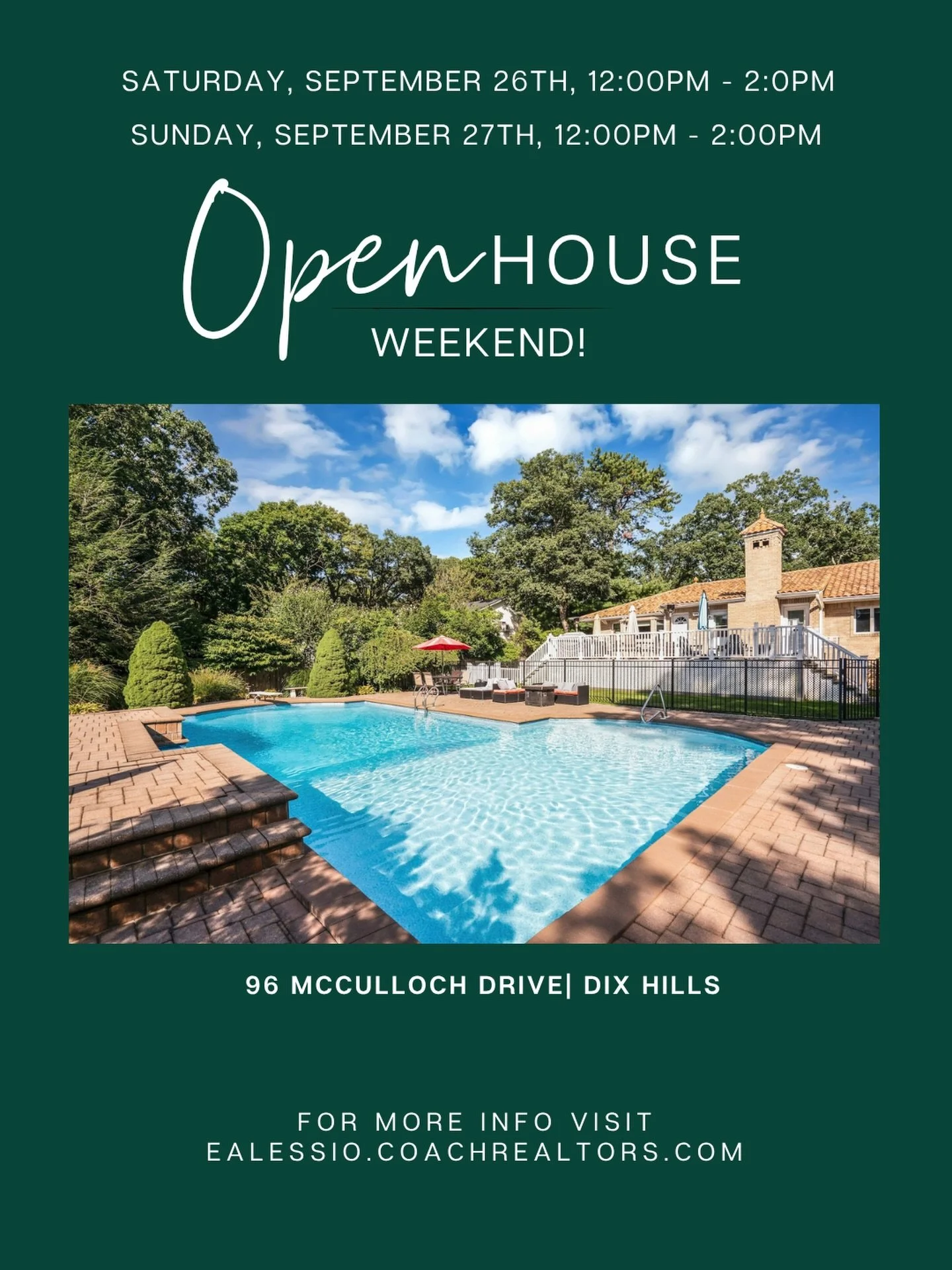 Open House Weekend!
96 McCulloch Drive, Dix Hills
Asking $1,325,000 | Taxes $16,822
&nbsp;
Saturday 9/26 &amp; Sunday 9/27 12pm-2pm

#openhouseweekend 
#elizabethalessiorealtor 
#howardhannacoachrealtors 
#dixhillshomes 
#longislandrealestate