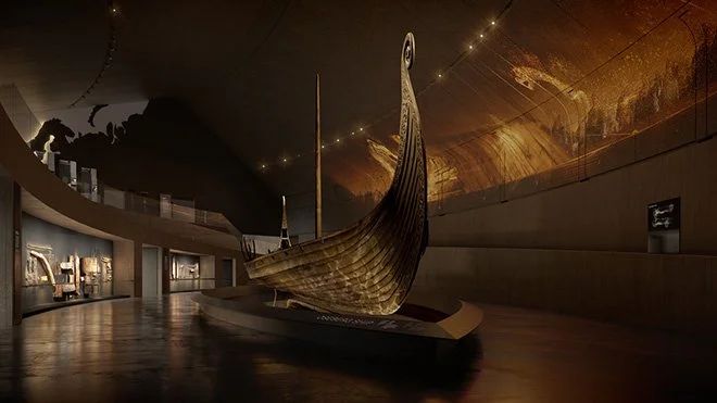 Illustrasjon av Osebergskipet i nytt museum. Foto: RAA