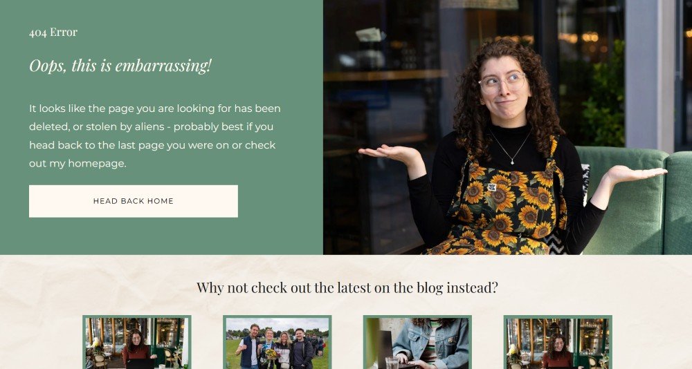 Example 404 error page with the message "oops this is embarrassing" and a link to "head back home"