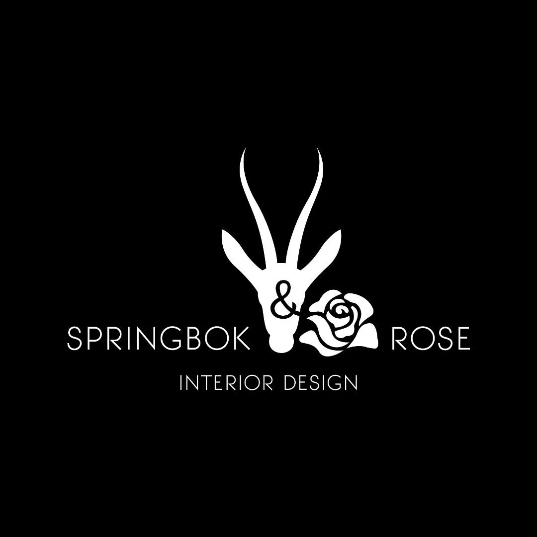 Black background logo featuring a stylized deer skull with antlers and a rose, with the text 'Springbok & Rose Interior Design' in white.